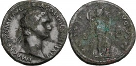 Domitian (81-96). AE As, 87 AD. Laureate head right. / Virtus standing right, holding spear and parazonium. RIC II 356. AE. 10.83 g. 28.00 mm. VF.