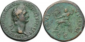 Domitian (81-96). AE Sestertius, 90-91. Head right, laureate. / Jupiter seated left, holding Victory and scepter. RIC II-p. 1 (2nd ed.) 702. AE. 34.00...