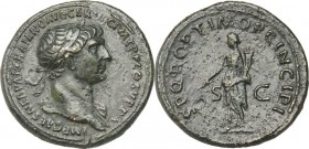 Trajan (98-117). AE Sestertius, 103-111. Bust right, laureate, draped on left shoulder. / Fortuna standing left, holding rudder and cornucopiae. RIC I...