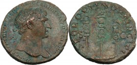 Trajan (98-117). AE As, 103-111 AD. Laureate head right. / Legionary eagle between two standards. RIC II 588. AE. 11.02 g. 28.00 mm. Earthy green pati...