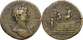 Hadrian (117-138). AE Sestertius, 118 AD. IMP CAESAR TRAIANVS HADRIANVS AVG. Laureate bust right, with drapery on far shoulder. / LIBERALITAS AVG (in ...