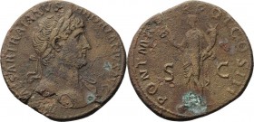 Hadrian (117-138). AE Sestertius, 119-120 AD. IMP CAESAR TRAIAN HADRIANVS AVG. Laureate bust right, drapery on left shoulder. / PONT MAX TR POT COS II...