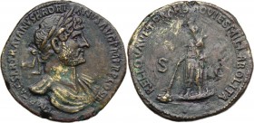 Hadrian (117-138). AE Sestertius, 119-121 AD. IMP CAESAR TRAIANVS HADRIANVS AVG PM TR P COS III. Laureate and draped bust right. / RELIQVA VETERA HS N...