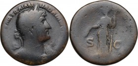 Hadrian (117-138). AE Sestertius, 121-123. Bust right, laureate, draped on left shoulder. / Ceres standing left, holding corn-ears and long torch. RIC...
