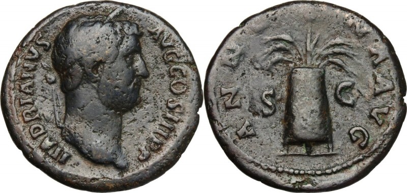 Hadrian (117-138). AE As, 134-138. Head right, laureate. / Modius with one poppy...