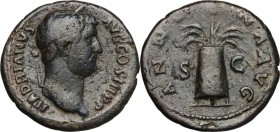 Hadrian (117-138). AE As, 134-138. Head right, laureate. / Modius with one poppy between six corn-ears. RIC II 798d var. (four corn-ears). AE. 11.45 g...