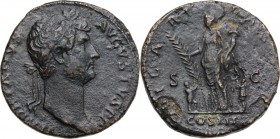 Hadrian (117-138). AE Sestertius, Rome mint. HADRIANVS AVGVSTVS PP. Laureate head right. / HILARITAS P.R. COS III SC. Hilaritas standing left, holding...