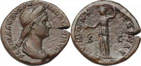 Sabina, wife of Hadrian (died 137 AD). AE Sestertius, 128-136. Bust right, draped. / Juno standing left, holding patera and scepter. RIC II (Hadr.) 10...