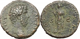 Aelius (Caesar 136-138). AE As, 137 AD. L. AELIVS CAESAR. Bare head right. / TR POT COS II SC. Spes advancing left holding flower and raising skirt. R...