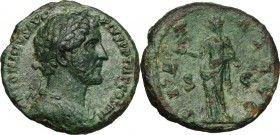 Antoninus Pius (138-161). AE As, 145-161. Bust right, laureate, draped, cuirassed. / Pietas standing left, holding patera. RIC III 823 var. (head). AE...