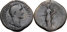 Antoninus Pius (138-161). AE Sestertius, 147-151 AD. Laureate head right. / Aequitas standing left, holding scales and cornucopia. RIC III 842 (TR P X...