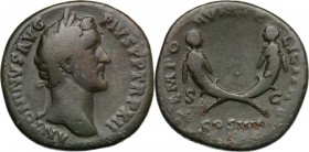 Antoninus Pius (138-161). AE Sestertius, 149 AD. ANTONINVS AVG PIVS P P TR P XII. Laureate head right. / TEMPORVM FELICITAS COS IIII SC. Crossed cornu...