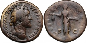 Antoninus Pius (138-161). AE Sestertius, 154-155. Head right, laureate. / Libertas standing left, holding pileus and extending left hand. RIC III 928....