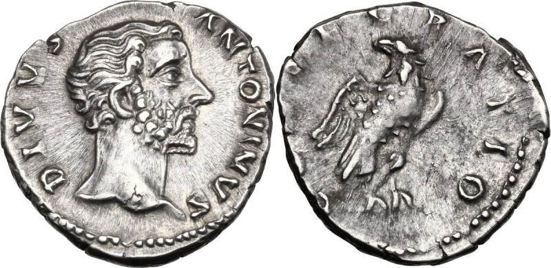 Divus Antoninus Pius (died 161). AR Denarius, after 161. Head right. / Eagle sta...