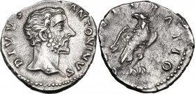 Divus Antoninus Pius (died 161). AR Denarius, after 161. Head right. / Eagle standing right, head left, wings closed. RIC III (Marcus Aurelius) 429. A...