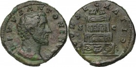 Divus Antoninus Pius (died 161). AE Sestertius, 161 AD. Head right. / Pyre of four tires, garlanded; on top, quadriga. RIC III (Marcus Aurelius) 1266....