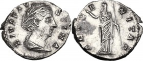 Faustina I (died 141 AD). AR Denarius, 141 AD. Bust right, draped. / Aeternitas (or Juno) standing left, raising right hand and holding scepter. RIC I...