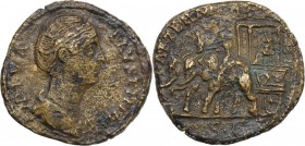 Faustina I (died 141 AD). AE Sestertius, 141 AD. Bust right, draped. / Empress seated left on throne in a car drawn by two elephants left. RIC III (An...