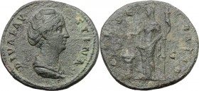 Faustina I (died 141 AD). AE Sestertius, struck under Antoninus Pius, after 141 AD. DIVA FAVSTINA. Draped bust right. / CONSECRATIO SC. Vesta standing...