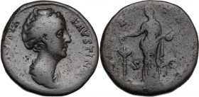Faustina I (died 141 AD). AE Sestertius. Struck under Antoninus Pius, circa 141-146 AD. Draped bust right, wearing pearls bound on top of her head. / ...
