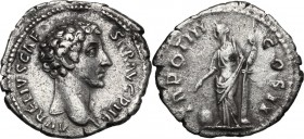 Marcus Aurelius as Caesar (139-161). AR Denarius, 148-149. Head right, bare. / Providentia standing left, pointing on globe set on ground and holding ...