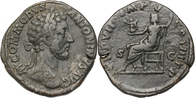 Commodus (177-193). AE Sestertius, 182 AD. Head right, laureate. / Jupiter seate...