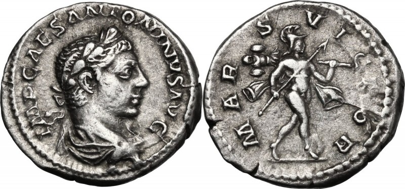 Elagabalus (218-222). AR Denarius. Bust right, laureate, draped. / Mars advancin...