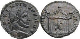 Maxentius (306-312). AE Follis, 307-308, Ticinum mint. Head right, laureate. / Hexastyle temple containing the statue of Roma seated facing, holding g...