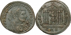 Maxentius (306-312). AE Follis, Aquileia mint, 307-310. Bust right, laureate, wearing imperial mantle, holding scepter topped by eagle. / Hexastyle te...