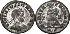 Licinius II (317-324). AE 19 mm, 318-319, Rome mint. Bust right, laureate, draped, cuirassed. / Roma seated right on shield, holding shield inscribed ...