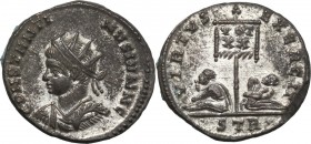 Constantine II (337-340). AE 19 mm, 320 AD, Trier mint. Bust left, radiate, draped, cuirassed. / Vexillum inscribed VOT/XX flanked by two seated capti...