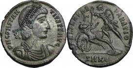 Constantius II (337-361). AE Follis, 351-354, Cyzicus mint. Bust right, diademed, draped, cuirassed. / Soldier standing left, spearing fallen horseman...