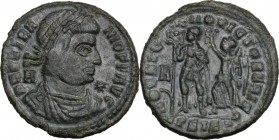 Vetranio (350 AD). AE 22 mm, Siscia mint. Bust right, laureate, draped, cuirassed. / Emperor standing front, head left, holding standard with Chi-Rho ...