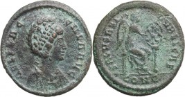 Aelia Flaccilla, first wife of Theodosius I (died 386 AD). AE Follis, 378-383, Constantinople mint. Bust right, draped, wearing mantle. / Victory seat...