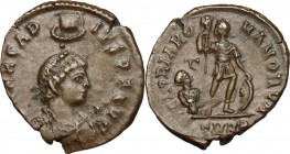 Arcadius (383-408). AE Follis, Heraclea mint, 383-388. Bust right, diademed, draped, cuirassed, holding spear and shield; above, hand holding wreath. ...