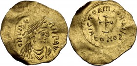 Maurice Tiberius (582-602). AV Tremissis. Constantinople mint. Diademed, draped, and cuirassed bust right. / Cross potent; in exergue, CONOB. D.O. 14;...