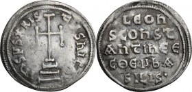 Leo III the 'Isaurian', with Constantine V (720-741). AR Miliaresion, Constantinople mint. Cross potent on three steps. / Inscription in five lines. D...