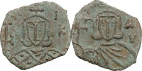 Nicephorus I with Stauracius (803-811). AE Follis, Syracuse mint. Bust of Nicephorus facing, crowned, wearing loros, holding cross. / Bust of Stauraci...