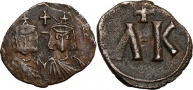 Leo V with Constantine (813-820). AE Follis. Syracuse mint. Struck 817-820. Crowned half-length facing busts of Leo V, bearded, and Constantine, beard...