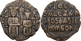 Leo VI the Wise, with Alexander (886-912). AE Follis. Constantinople mint. Struck 886-912. Leo and Alexander, crowned and each wearing loros, enthrone...