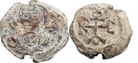 PB Seal, c. 7th century. Bust of Virgin Mary with medallion containing the head of Christ. / Cruciform monogram. PB. 10.85 g. 23.00 mm. About EF.