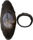 Roman ring with Aequitas. Calcedony gem engraved with Aequitas standing right, holding staff and scales. Roman period, 2nd-3rd century AD. Size 16 mm.
