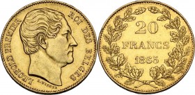 Belgium. Leopold I (1831-1865). AV 20 Francs 1865. Fried. 411. AV. 22.00 mm. About EF/EF.