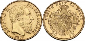 Belgium. Leopold II (1865-1909). AV 20 Francs 1877. Fried. 412. AV. 21.00 mm. Minting flatness on reverse, otherwise good EF.