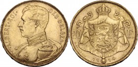 Belgium. Albert I (1909-1934). AV 20 Francs 1914. Fried. 421. AV. 21.00 mm. About EF.