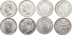 Belgium. Albert I (1909-1934). Lot of three (3) 50 Centimes 1911 (2) and 1912; in addiction 50 Centimes 1909 of Leopold II. KM 70 and 71. AR. High gra...