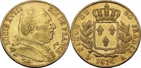 France. Louis XVIII (1814-1824). AV 20 Francs 1814 A, Paris mint. Fried. 525; Gad. 1026. AV. 21.00 mm. VF/VF+.