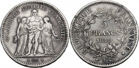 France. Republic. AR 5 Francs 1849 A, Paris mint. Gad. 683. AR. 37.00 mm. VF.