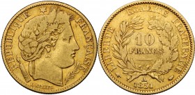 France. Second Republic (1848-1852). AV 10 Francs 1851 A, Paris mint. Fried. 567; Gad. 1012. AV. 19.00 mm. About VF/VF.