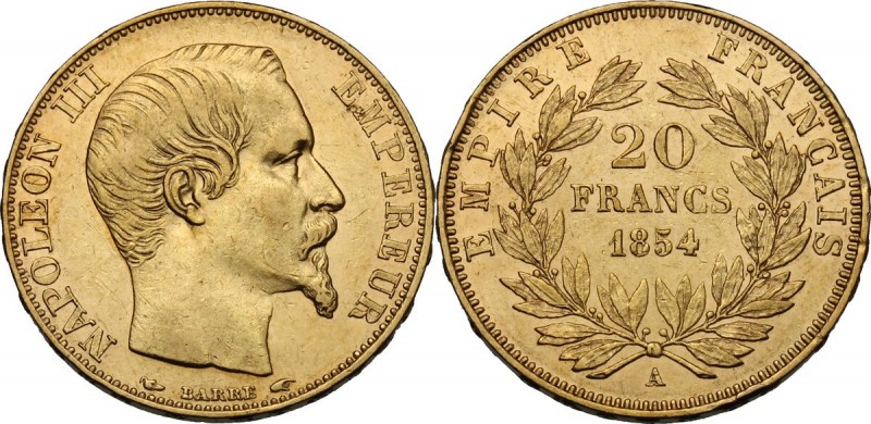 France. Napoleon III (1852-1870). 20 Francs 1854 A, Paris mint. Fried. 574; Gad....